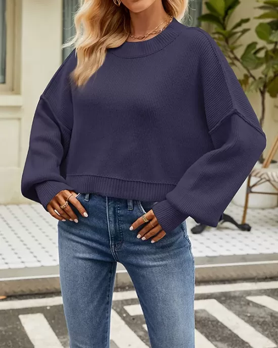 Solid Color Split-Joint Split-Side Batwing Sleeves High-Low Round-Neck Sweater Tops Pullovers