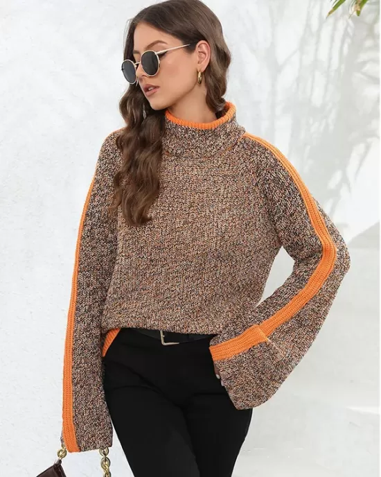 Casual Long Sleeves Loose Contrast Color Half Turtleneck Sweater Tops