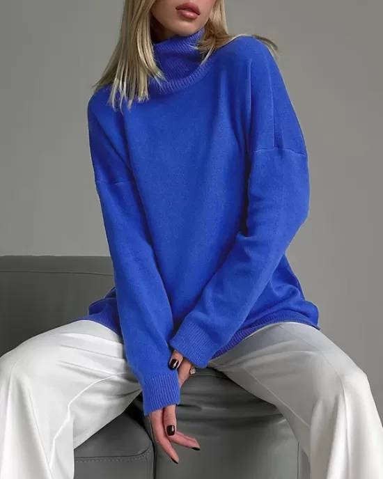 Casual Loose Long Sleeves Split-Side Solid Color High-Neck Sweater Tops