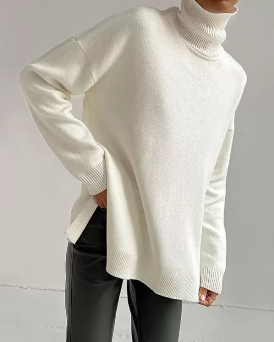 Casual Loose Long Sleeves Split-Side Solid Color High-Neck Sweater Tops