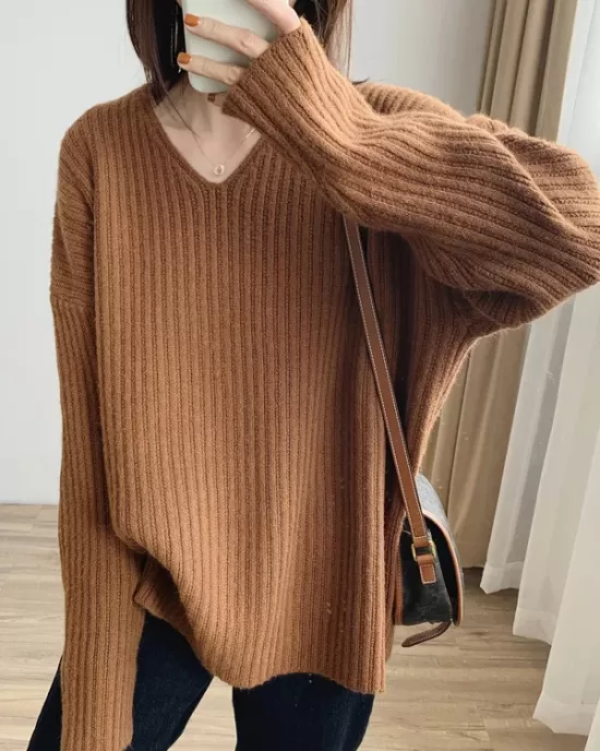 Casual Long Sleeves Loose Solid Color V-Neck Sweater Tops