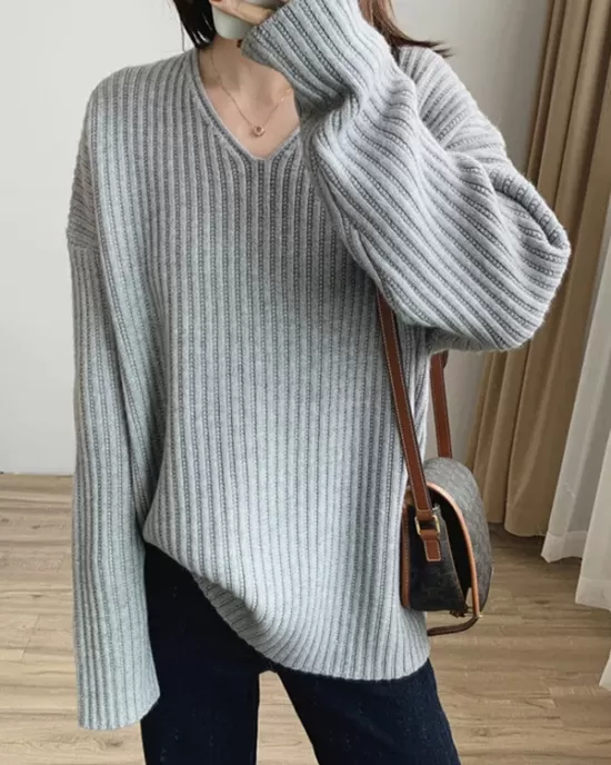 Casual Long Sleeves Loose Solid Color V-Neck Sweater Tops