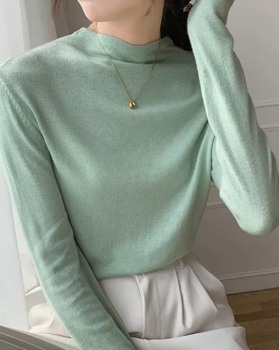 Simple Long Sleeves Skinny Solid Color High-Neck Pullovers