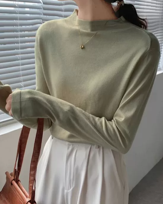 Simple Long Sleeves Skinny Solid Color High-Neck Pullovers