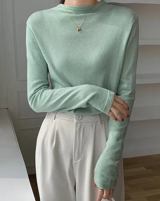 Simple Long Sleeves Skinny Solid Color High-Neck Pullovers