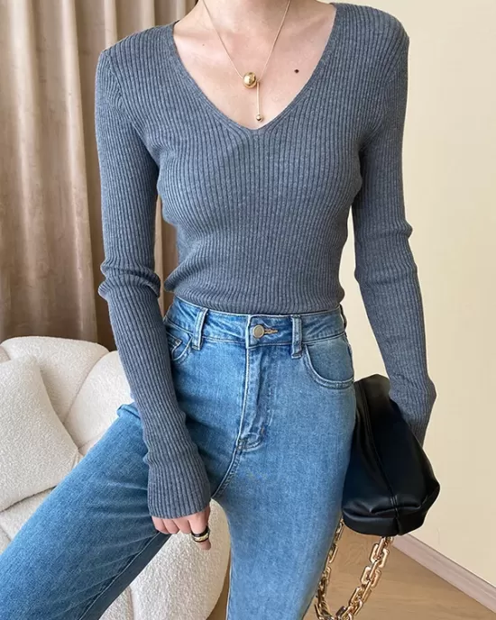 Solid Color Long Sleeves Skinny V-Neck Sweater Pullovers Knitwear