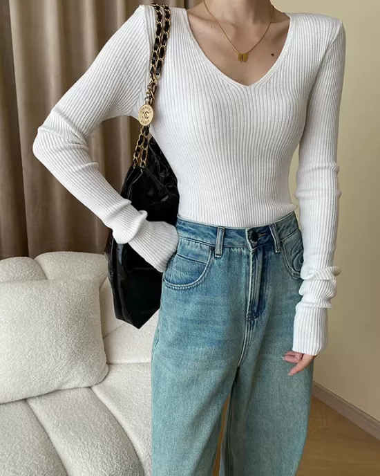 Solid Color Long Sleeves Skinny V-Neck Sweater Pullovers Knitwear