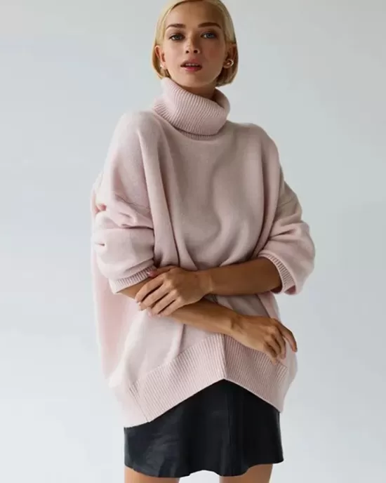 Casual Long Sleeves Loose Solid Color High-Neck Sweater Tops