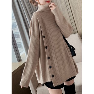 Asymmetric Buttoned High-low Long Sleeves High-neck Sweater Tops Pullovers Knitwear