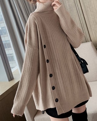 Asymmetric Buttoned High-low Long Sleeves High-neck Sweater Tops Pullovers Knitwear