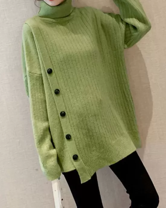 Asymmetric Buttoned High-low Long Sleeves High-neck Sweater Tops Pullovers Knitwear