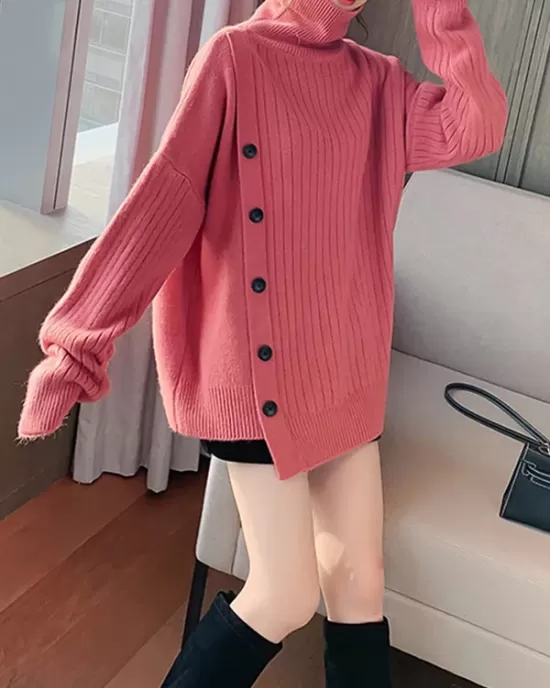 Asymmetric Buttoned High-low Long Sleeves High-neck Sweater Tops Pullovers Knitwear