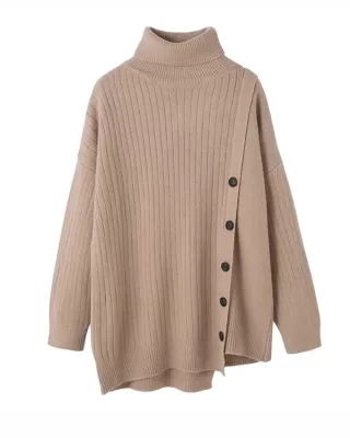 Asymmetric Buttoned High-low Long Sleeves High-neck Sweater Tops Pullovers Knitwear