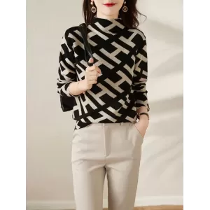 Original Skinny Long Sleeves Contrast Color Jacquard High-Neck Sweater Tops