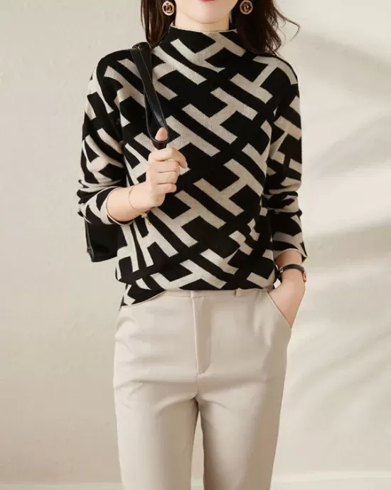 Original Skinny Long Sleeves Contrast Color Jacquard High-Neck Sweater Tops