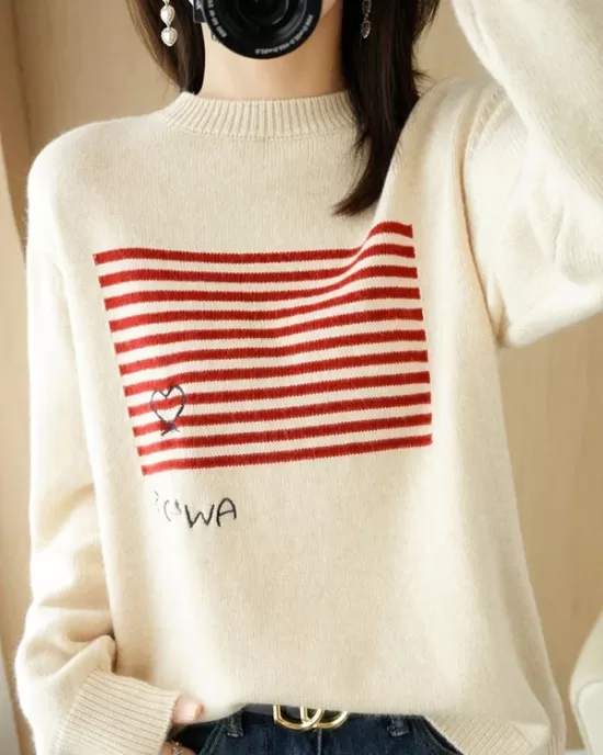 Casual Loose Long Sleeves Striped Round-Neck Sweater Tops