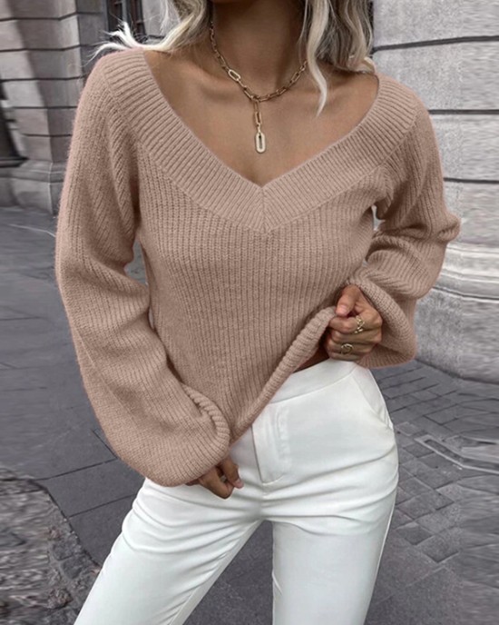 Casual Long Sleeves Loose Solid Color V-Neck Sweater Tops