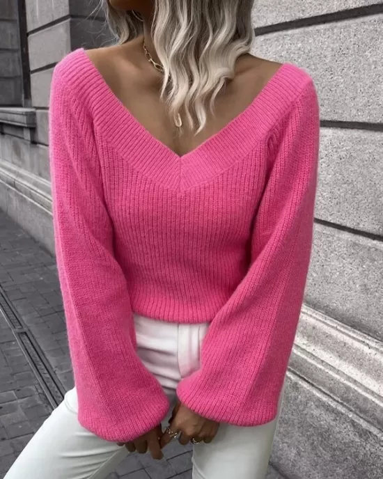 Casual Long Sleeves Loose Solid Color V-Neck Sweater Tops