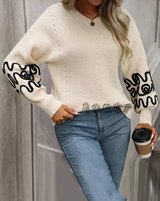 Hollow Long Sleeves Loose Round-Neck Sweater Tops Pullovers Knitwear