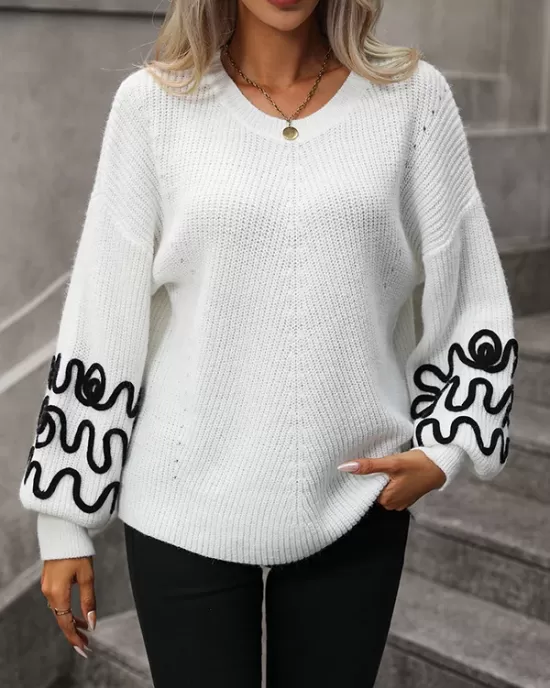 Hollow Long Sleeves Loose Round-Neck Sweater Tops Pullovers Knitwear