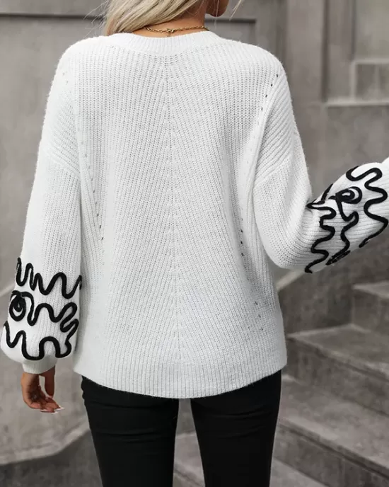 Hollow Long Sleeves Loose Round-Neck Sweater Tops Pullovers Knitwear