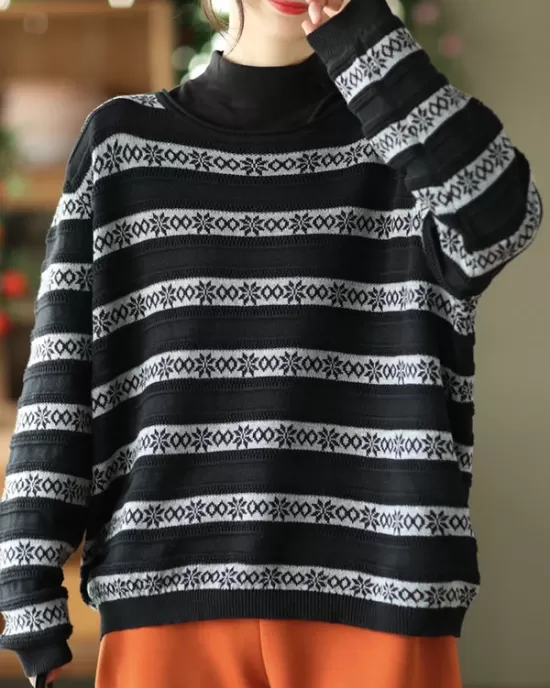 Artistic Retro Loose Long Sleeves Jacquard Round-Neck Sweater Tops