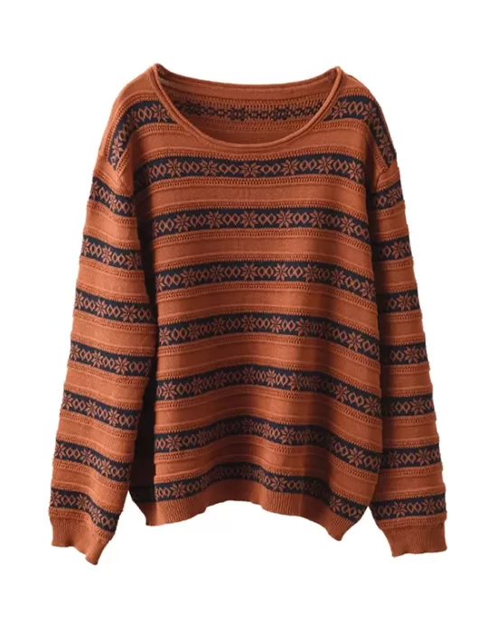 Artistic Retro Loose Long Sleeves Jacquard Round-Neck Sweater Tops