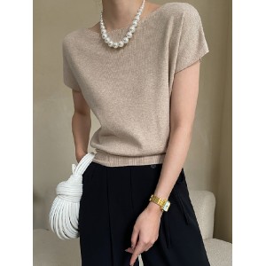 Stylish Loose Solid Color Boat Neck Knitwear Pullovers Tops