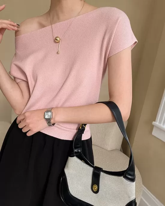 Stylish Loose Solid Color Boat Neck Knitwear Pullovers Tops