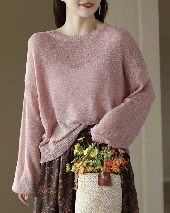 See-Through Solid Color Long Sleeves Loose Round-Neck Sweater Tops