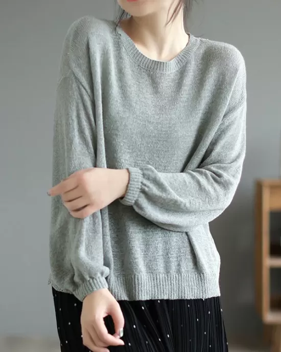 See-Through Solid Color Long Sleeves Loose Round-Neck Sweater Tops