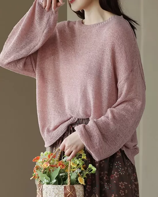 See-Through Solid Color Long Sleeves Loose Round-Neck Sweater Tops