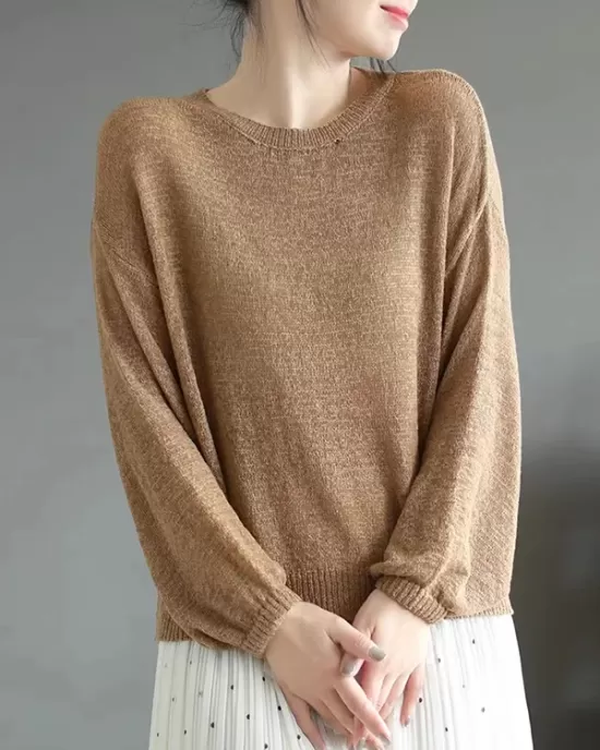 See-Through Solid Color Long Sleeves Loose Round-Neck Sweater Tops