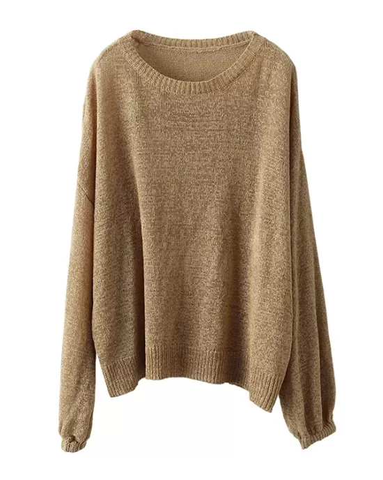 See-Through Solid Color Long Sleeves Loose Round-Neck Sweater Tops