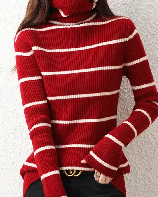 Urban Skinny Striped High-Neck Sweater Tops