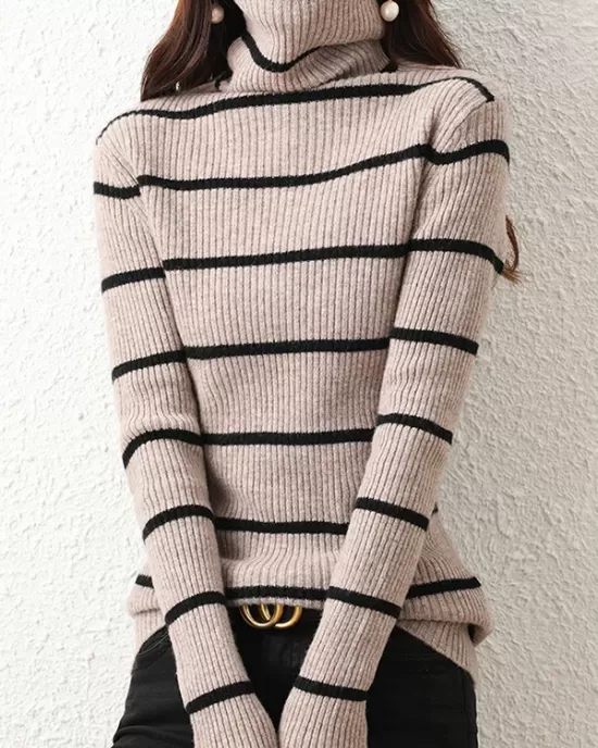 Urban Skinny Striped High-Neck Sweater Tops