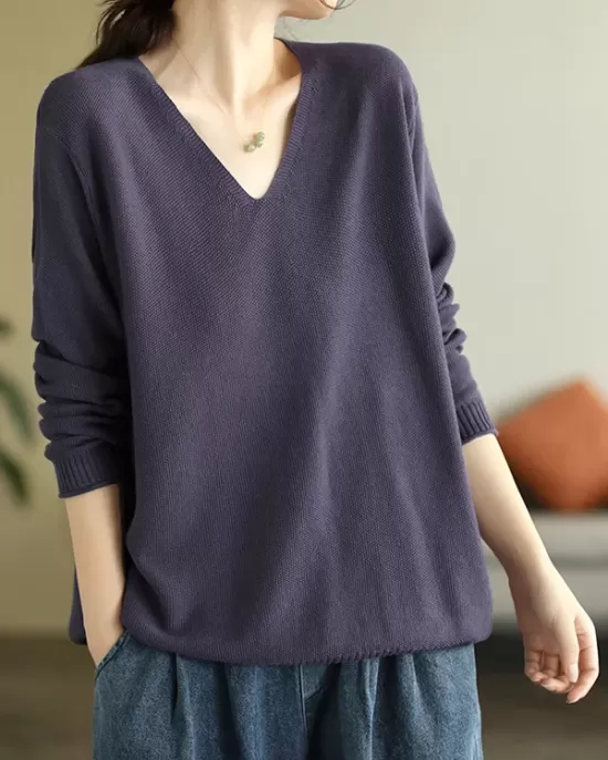 Solid Color Long Sleeves Loose V-Neck Sweater Tops