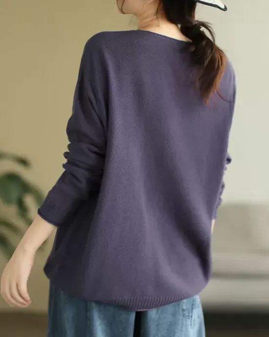 Solid Color Long Sleeves Loose V-Neck Sweater Tops