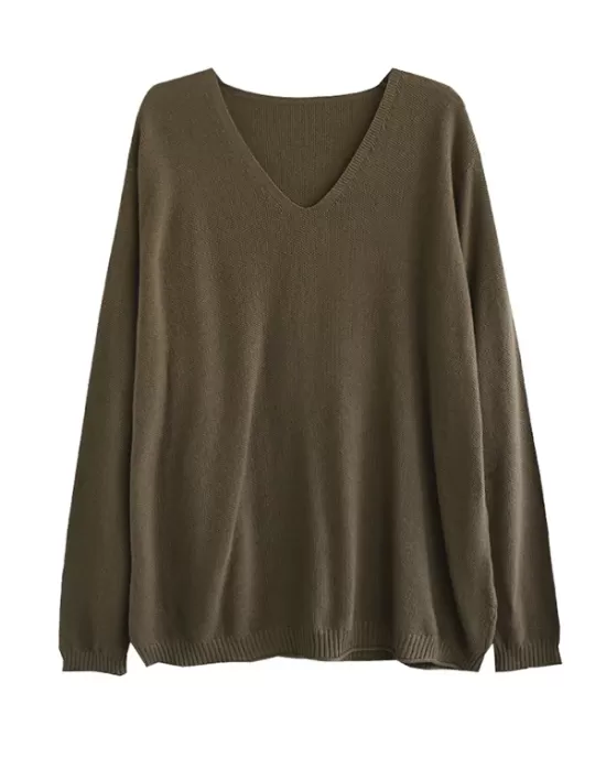 Solid Color Long Sleeves Loose V-Neck Sweater Tops