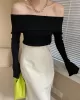 Falbala Solid Color Long Sleeves Skinny Off-the-shoulder Sweater Tops