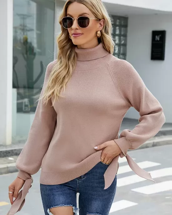 Loose Long Sleeves Solid Color High-Neck Sweater Tops