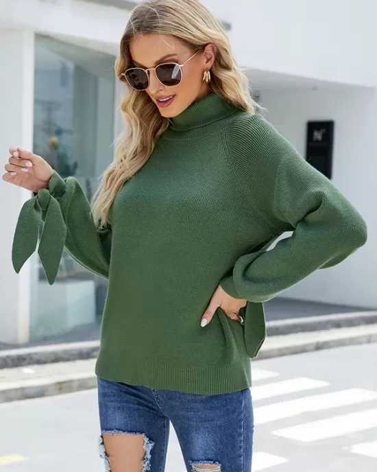 Loose Long Sleeves Solid Color High-Neck Sweater Tops