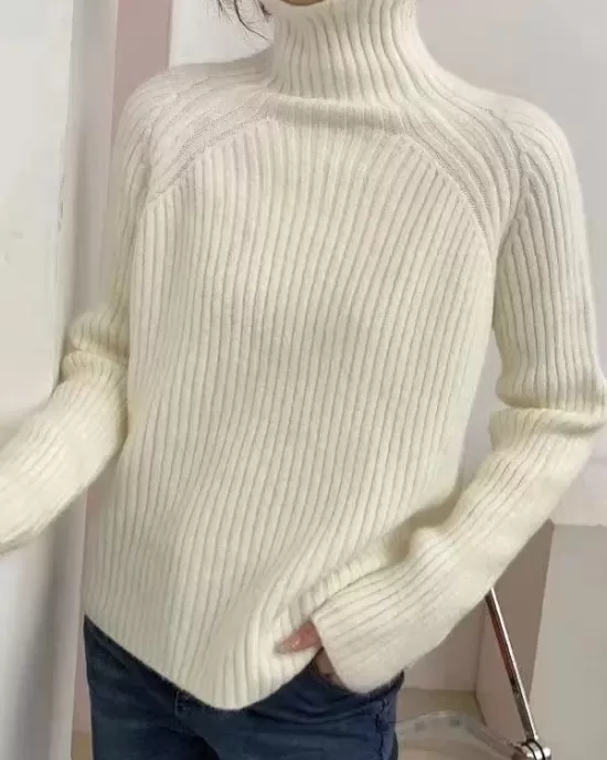 Casual Long Sleeves Loose Solid Color High-Neck Sweater Tops