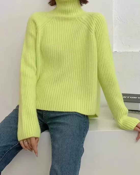 Casual Long Sleeves Loose Solid Color High-Neck Sweater Tops