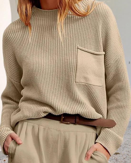 Pockets Solid Color Long Sleeves Loose Round-Neck Sweater Tops Pullovers Knitwear