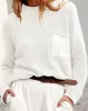 Pockets Solid Color Long Sleeves Loose Round-Neck Sweater Tops Pullovers Knitwear