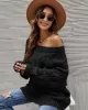 Vintage Long Sleeves Loose Solid Color Off-The-Shoulder Sweater Tops