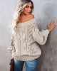 Vintage Long Sleeves Loose Solid Color Off-The-Shoulder Sweater Tops