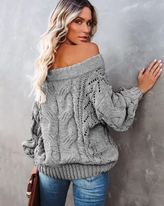 Vintage Long Sleeves Loose Solid Color Off-The-Shoulder Sweater Tops