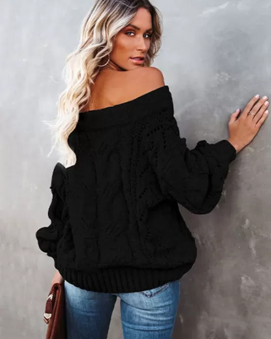 Vintage Long Sleeves Loose Solid Color Off-The-Shoulder Sweater Tops